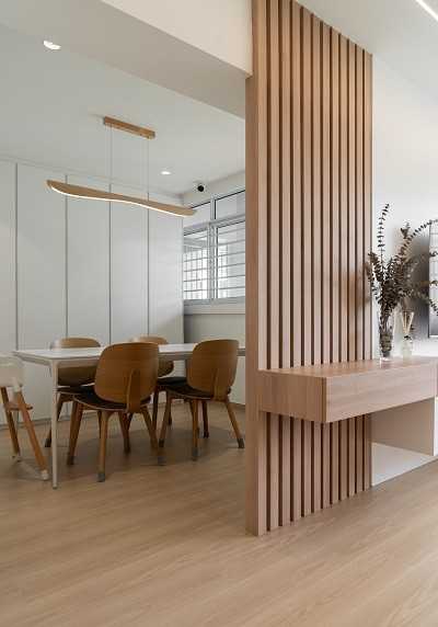 Scandinavian Dining Room with Vinyl Flooring and Drop Light