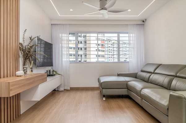 Scandinavian Living Room with Vinyl Flooring and Feature Wall