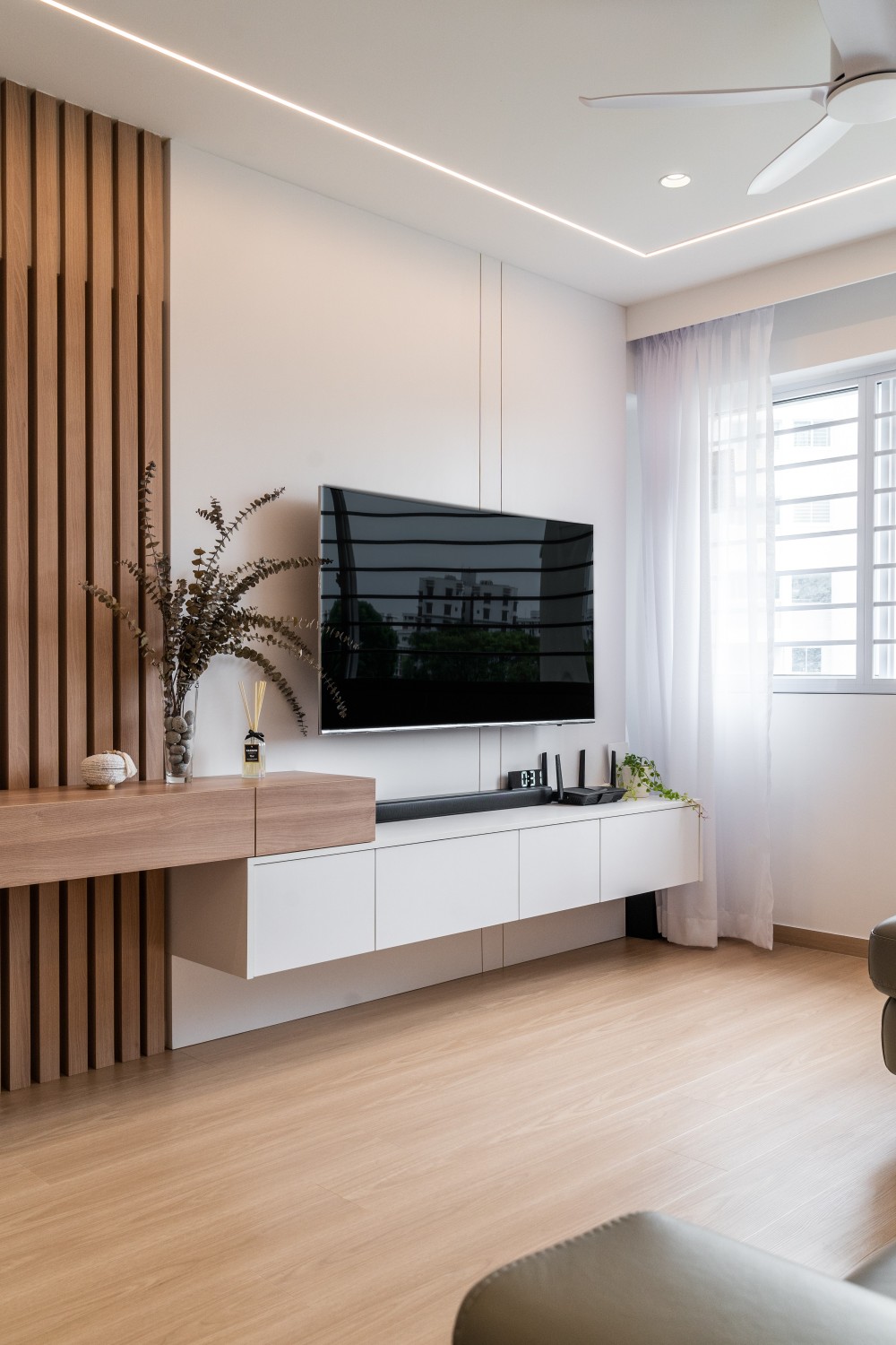 Scandinavian Living Room with Vinyl Flooring and TV Console