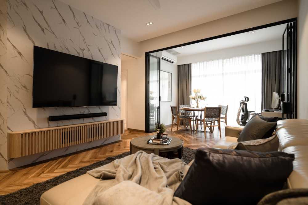 Transitional Living Room with TV Console and Feature Wall