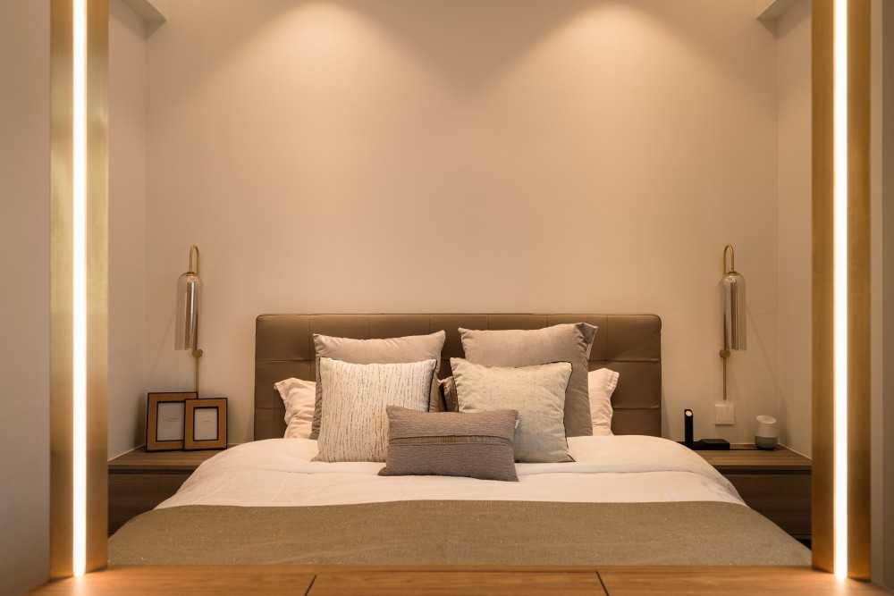 Transitional Bedroom with Cove Lighting and Bedside Table