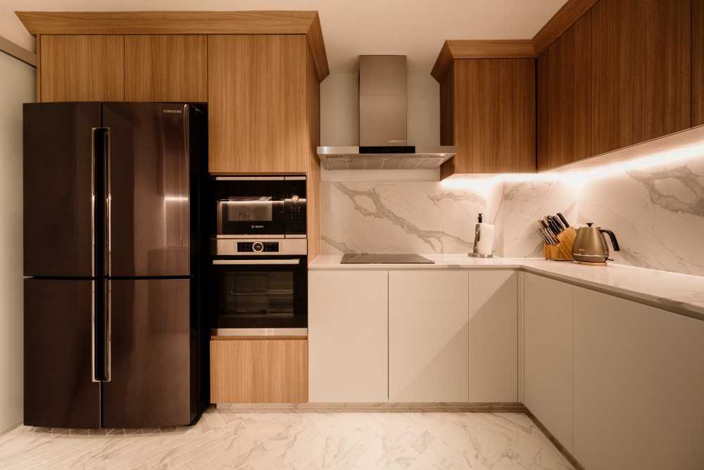Transitional Kitchen with Countertop and Herringbone Tiling
