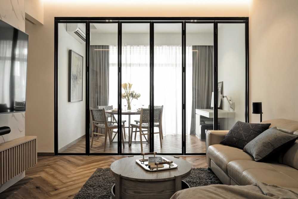 Transitional Living Room with TV Console and Feature Wall