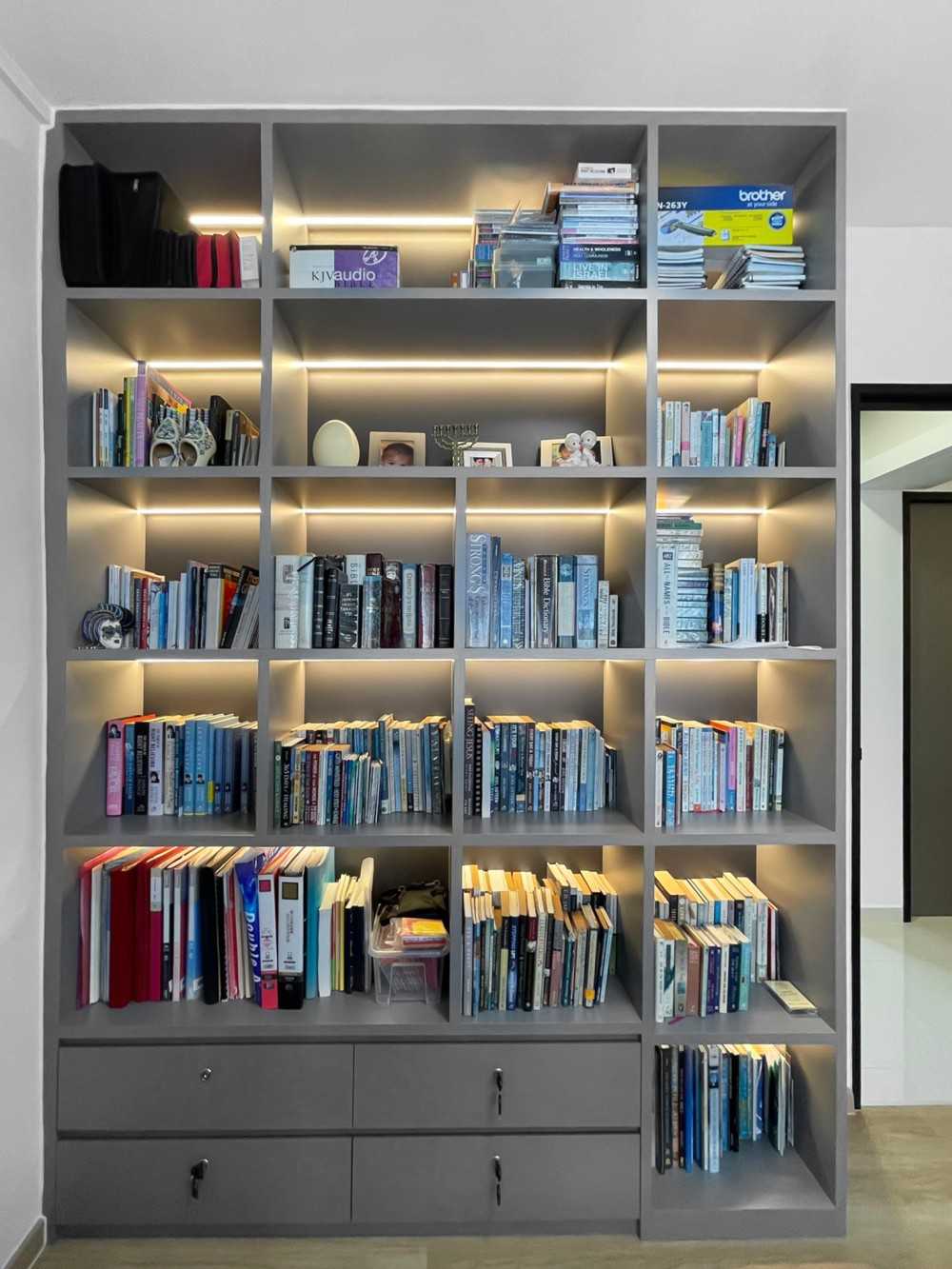 Scandinavian Bedroom with Bookshelf and Storage Cabinets