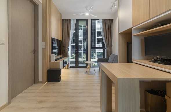 Scandinavian Living Room with Vinyl Flooring and TV Console