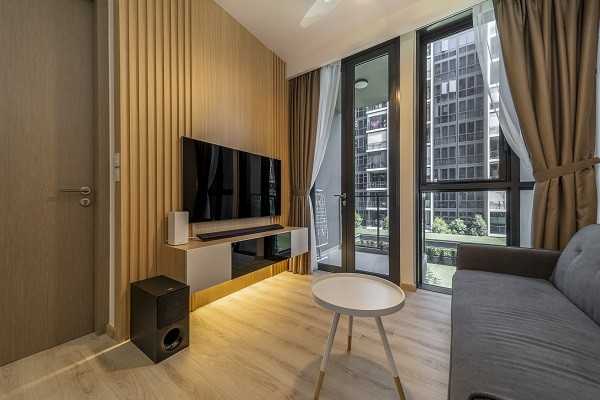Scandinavian Living Room with Vinyl Flooring and TV Console