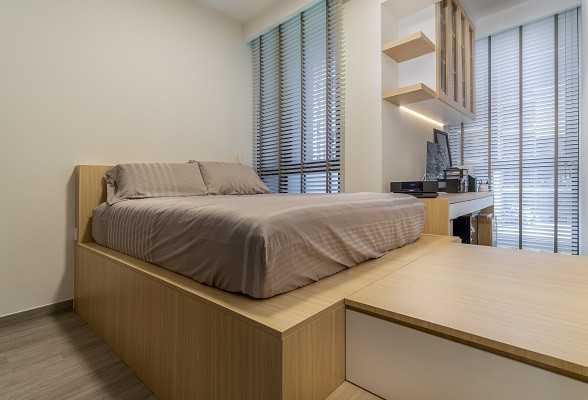 Scandinavian Bedroom with Platform Bed and Vinyl Flooring