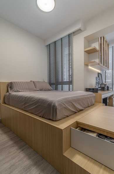 Scandinavian Bedroom with Platform Bed and Vinyl Flooring