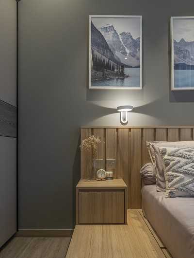 Scandinavian Bedroom with Platform Bed and Vinyl Flooring