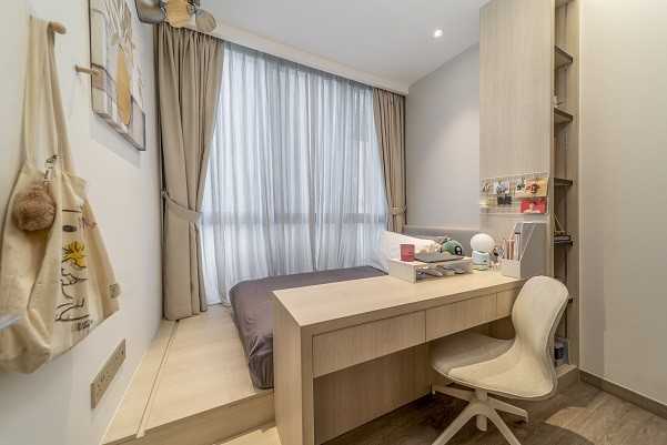 Scandinavian Bedroom with Bookshelf and Platform Bed