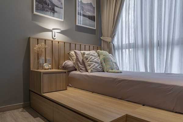 Scandinavian Bedroom with Platform Bed and Vinyl Flooring