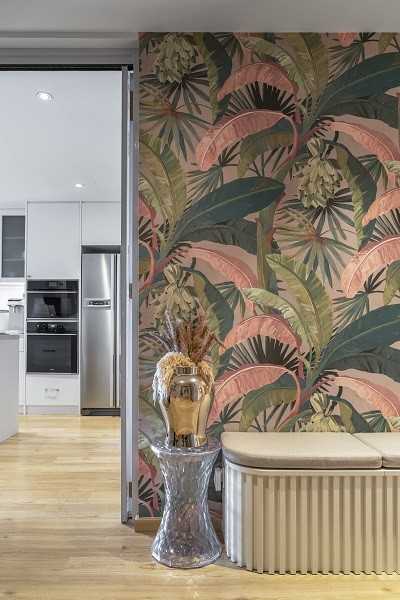 Scandinavian Entryway with Vinyl Flooring and Wallpaper