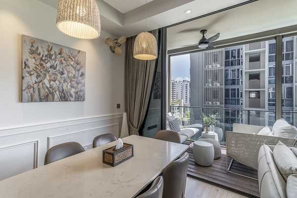 Scandinavian Balcony with Curtain and Outdoor Table