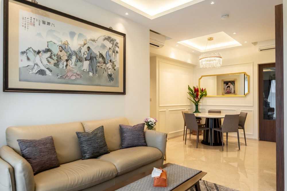 Modern Living Room with TV Console and Chandelier