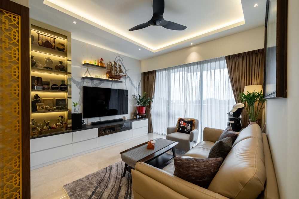 Modern Living Room with Homogeneous Tiles and Drop Ceiling