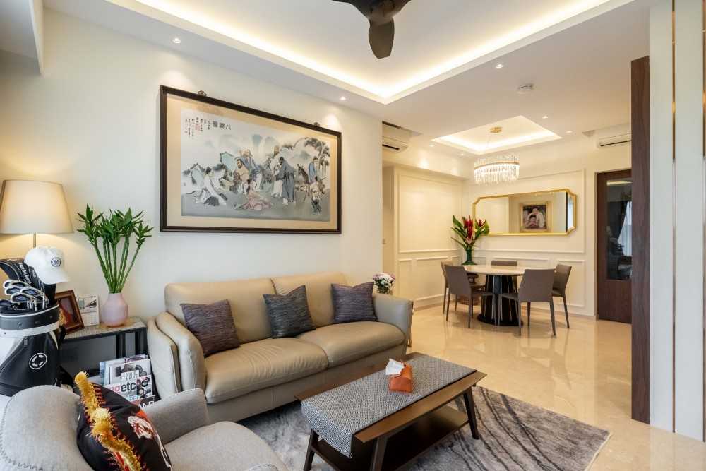 Modern Living Room with Homogeneous Tiles and TV Console