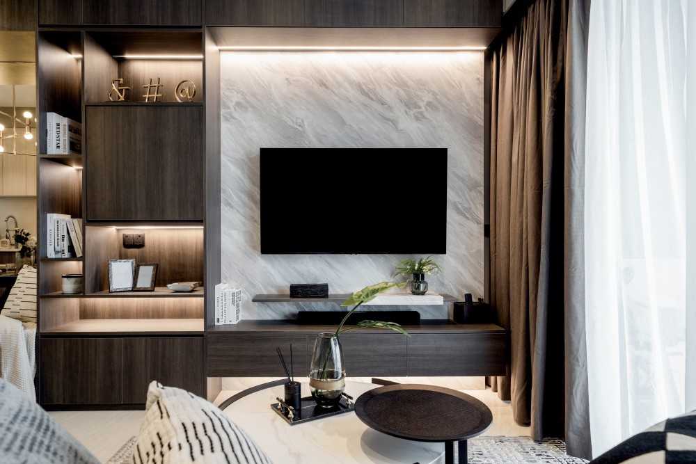 Contemporary Living Room with TV Console and Feature Wall