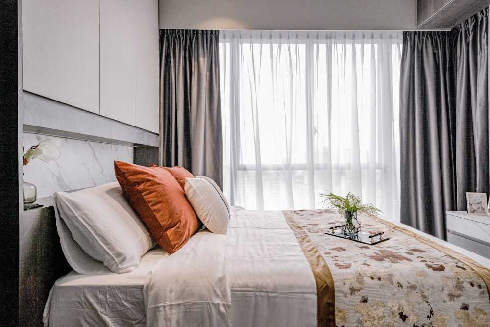 Contemporary Bedroom with Cove Lighting and Built-in Bed
