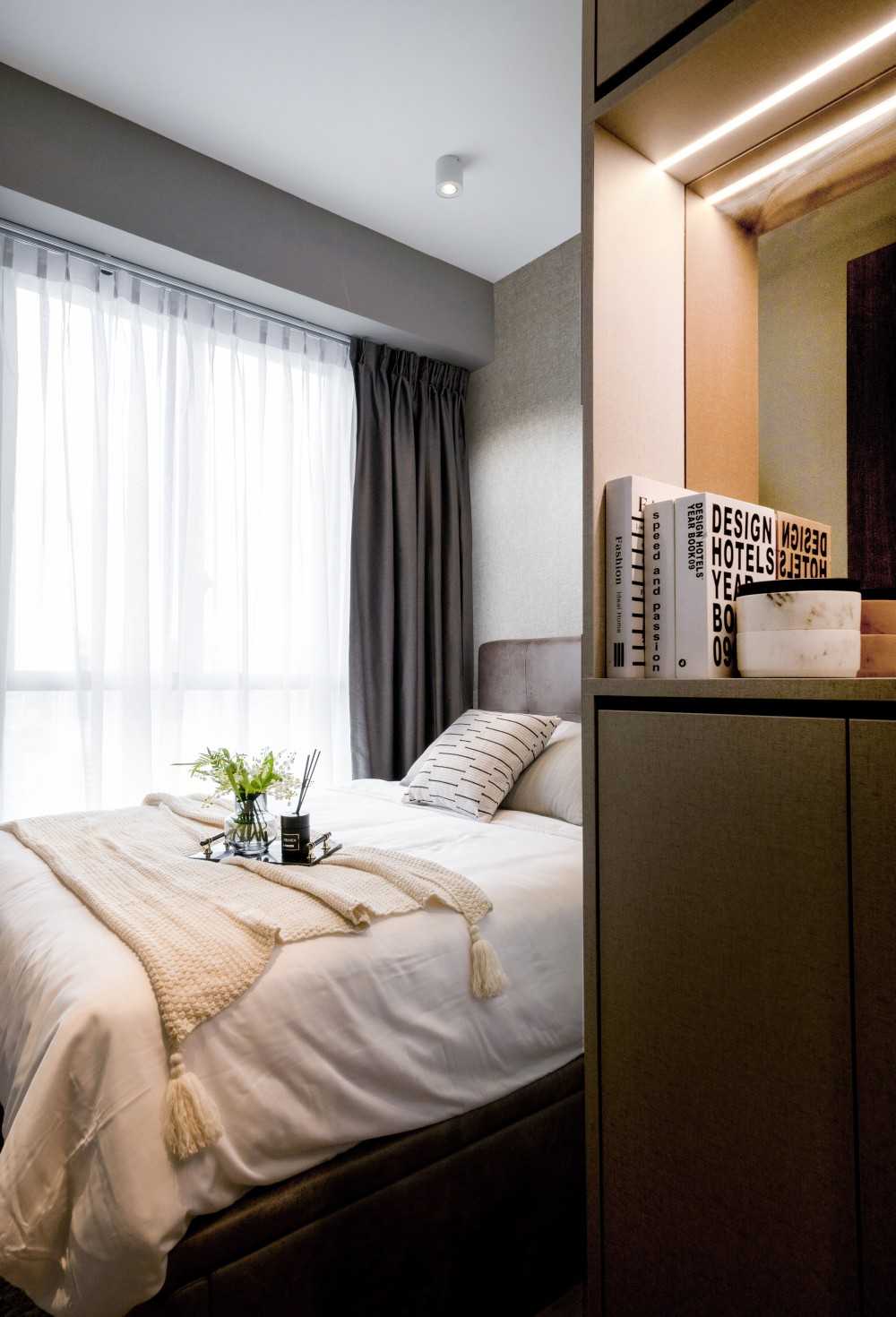 Contemporary Bedroom with Cove Lighting and Built-in Bed