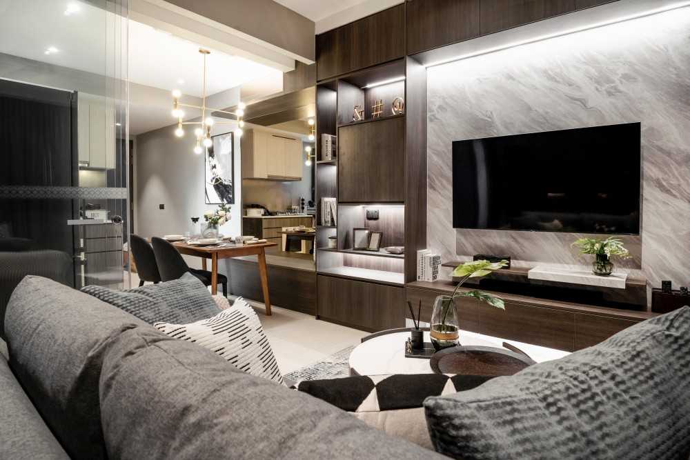Contemporary Living Room with TV Console and Feature Wall