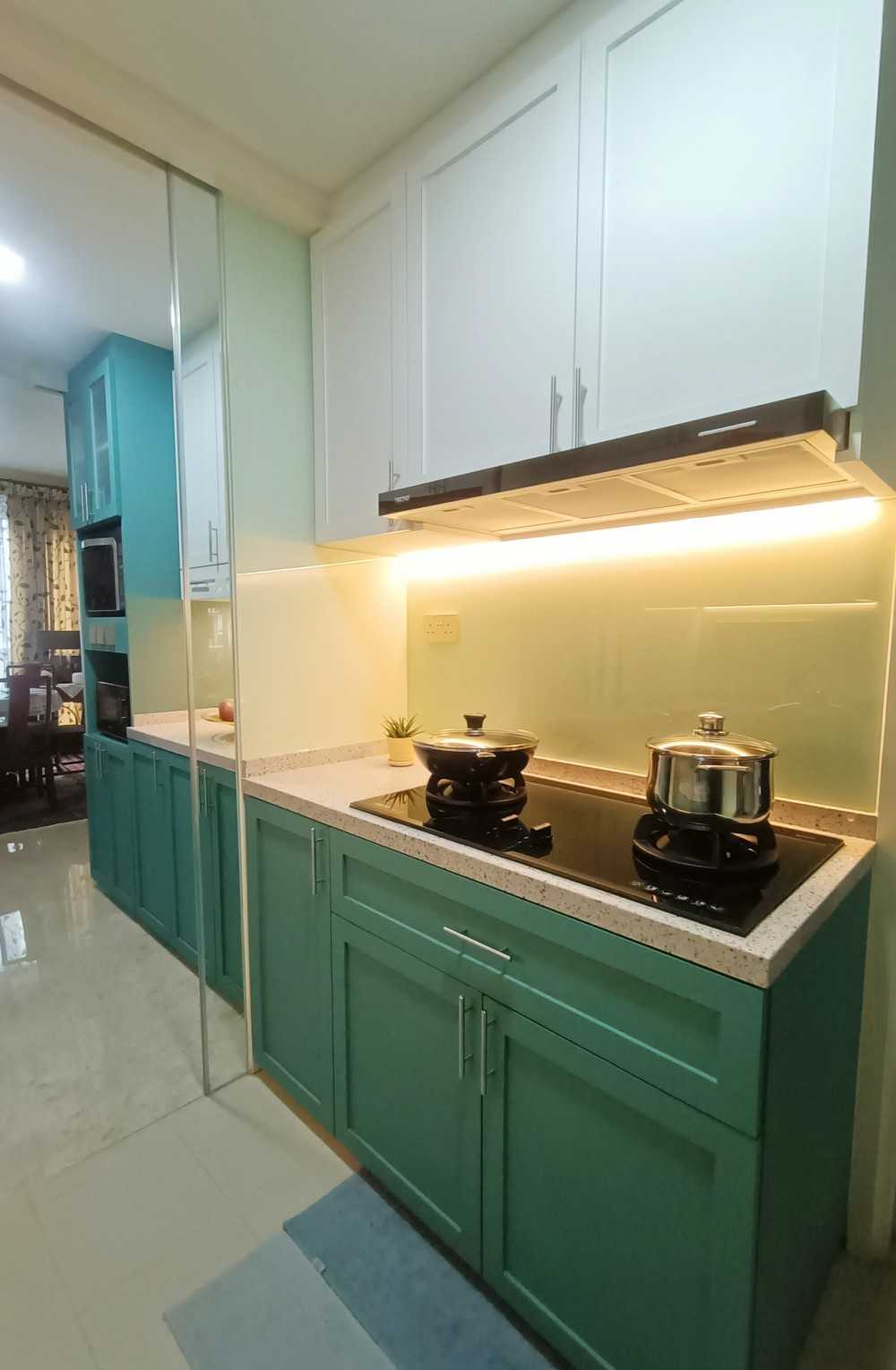 Transitional Kitchen with Countertop and Glass Door