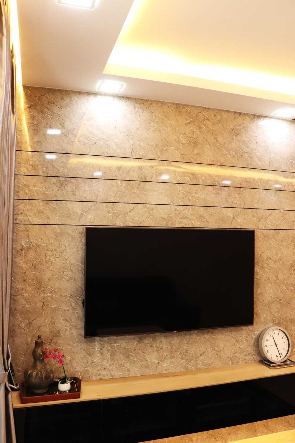 Transitional Living Room with TV Console and Feature Wall