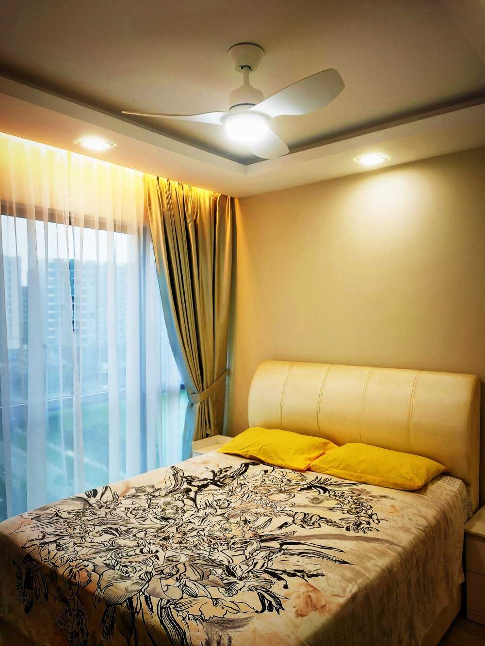 Transitional Bedroom with Drop Light and Cove Lighting