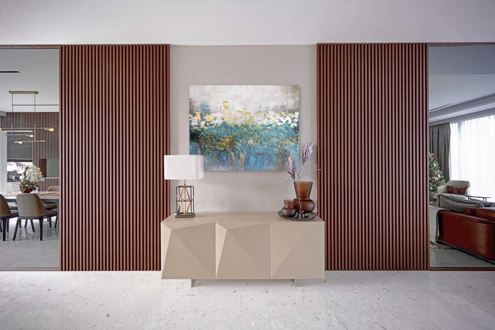 Contemporary Foyer with Artwork and Console Table