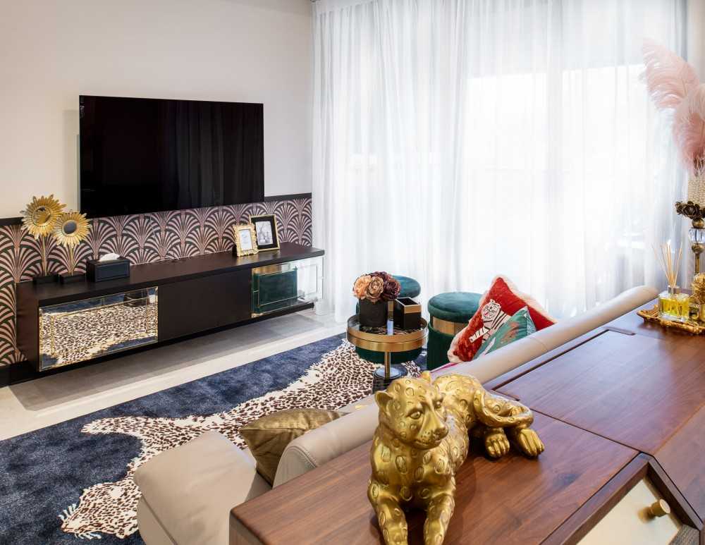 Eclectic Living Room with TV Console and Feature Wall