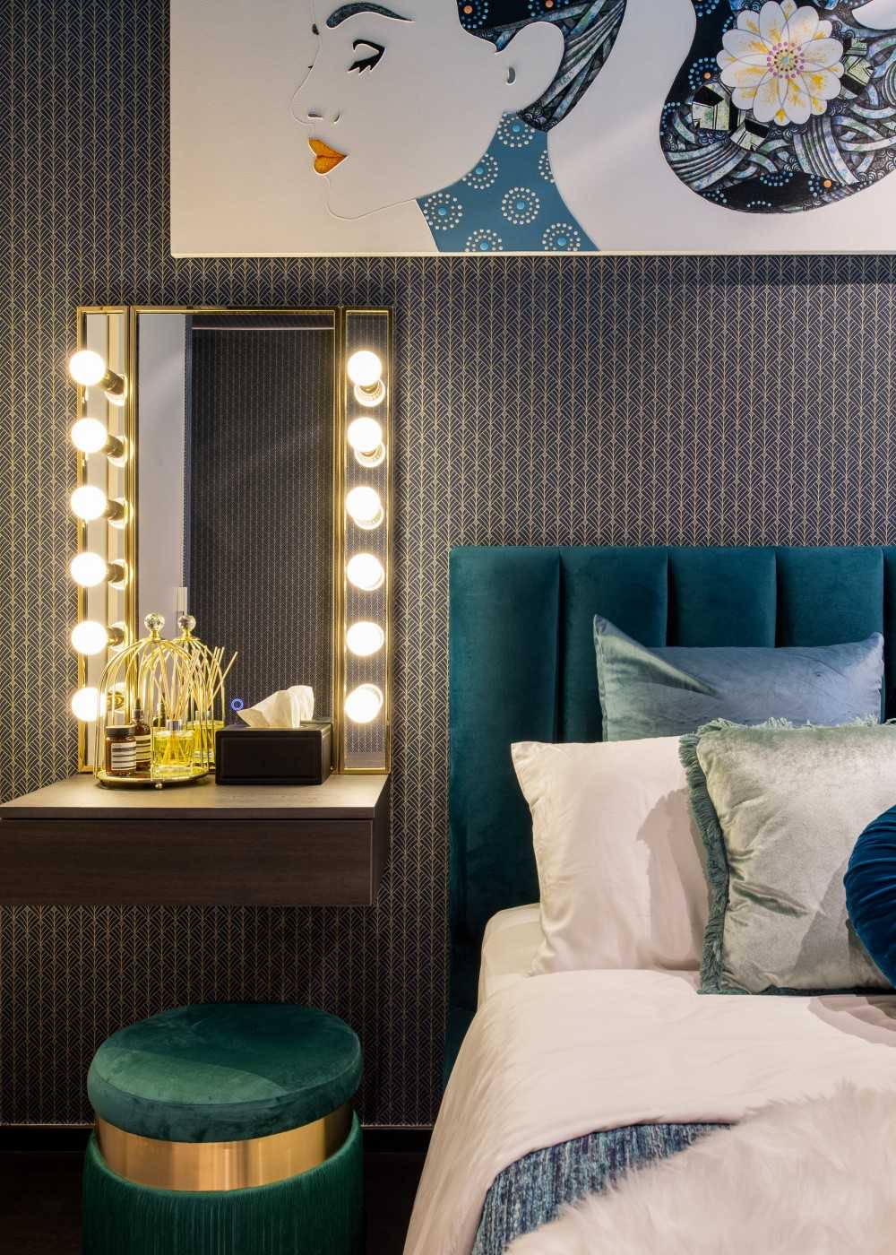 Eclectic Bedroom with Cove Lighting and Bedside Table