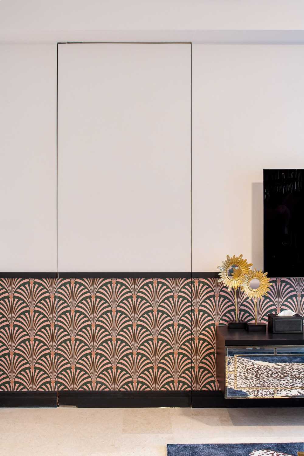 Eclectic Living Room with TV Console and Feature Wall