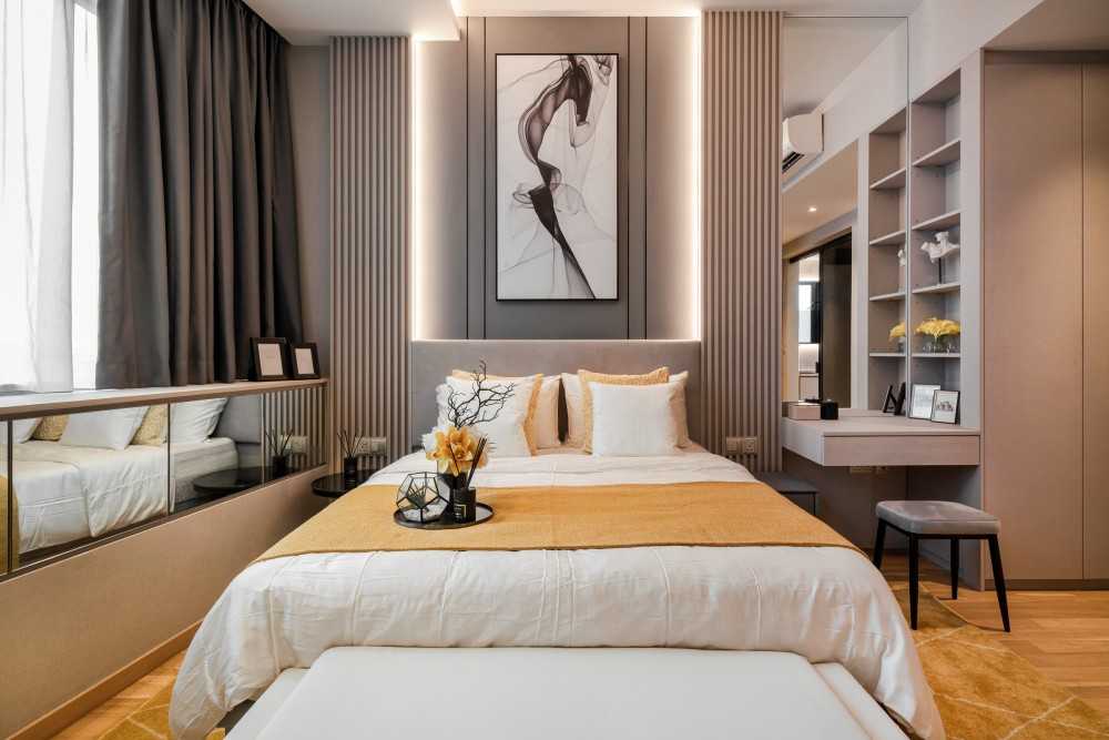 Contemporary Bedroom with Bay Window and Built-in Bed