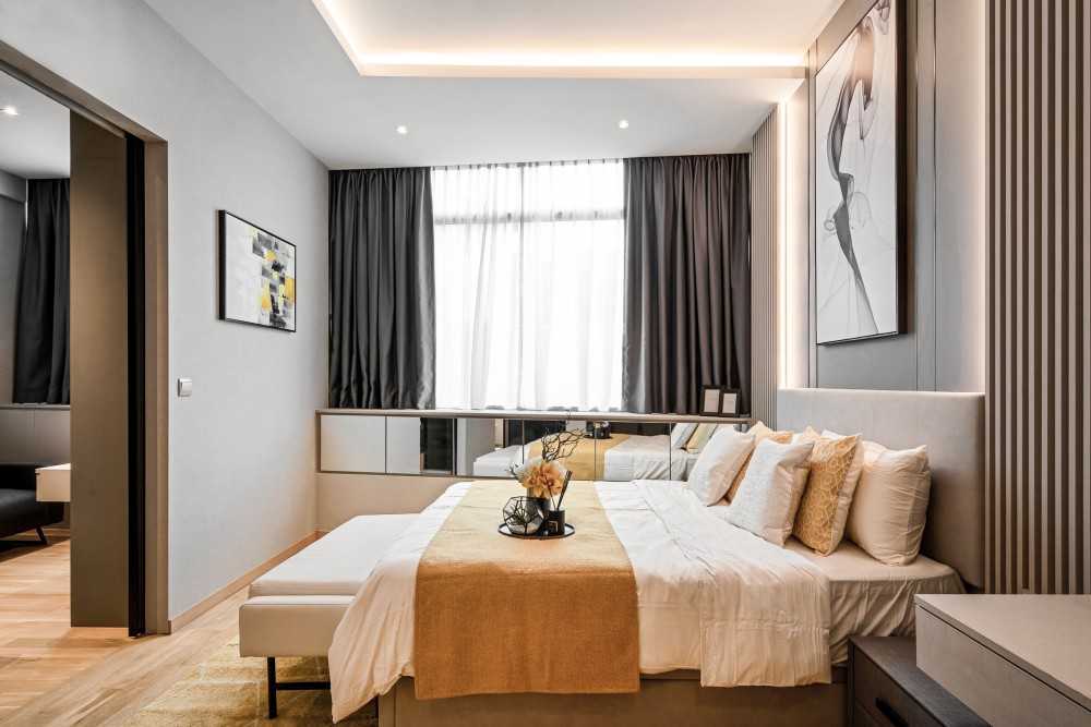 Contemporary Bedroom with Cove Lighting and Built-in Bed