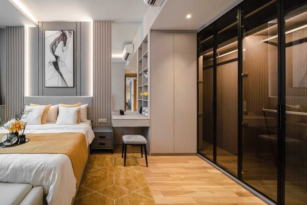 Contemporary Bedroom with Cove Lighting and Built-in Bed