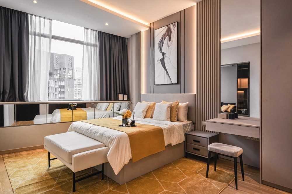 Contemporary Bedroom with Bay Window and Built-in Bed