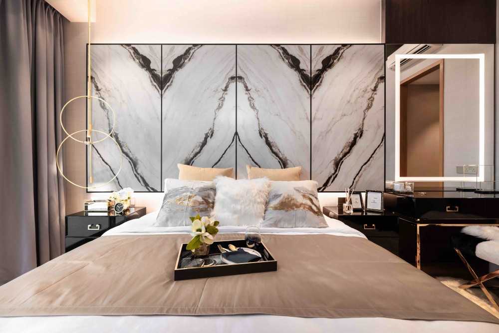 Modern Bedroom with Cove Lighting and Built-in Bed
