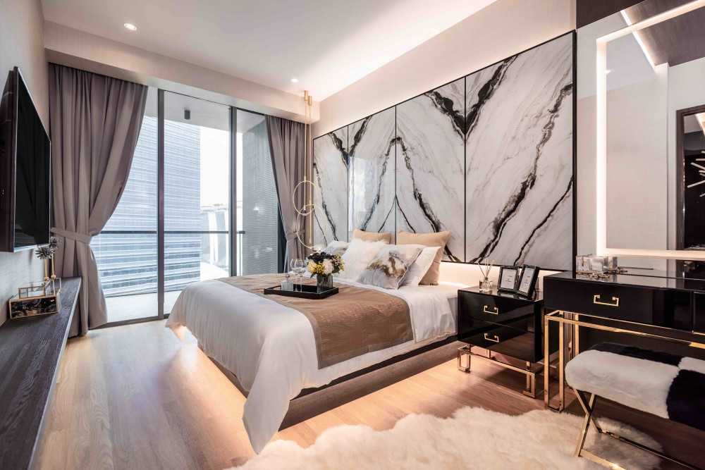 Modern Bedroom with Cove Lighting and Built-in Bed