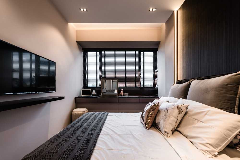 Modern Bedroom with Cove Lighting and Built-in Bed