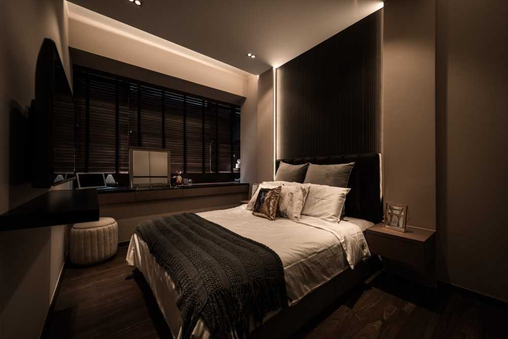 Modern Bedroom with Cove Lighting and Built-in Bed