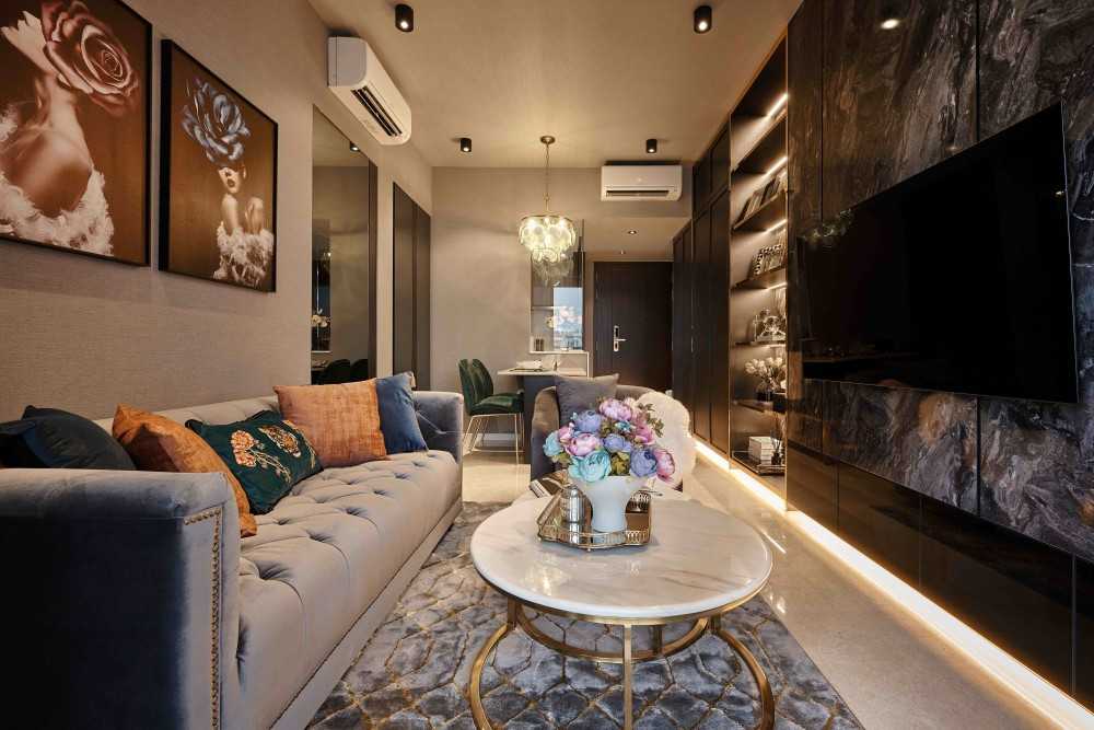 Eclectic Living Room with Feature Wall and Cove Lighting