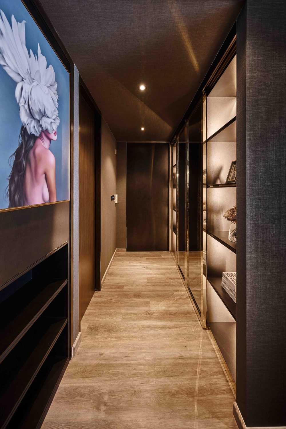 Eclectic Hallway with Bookshelf and Artwork