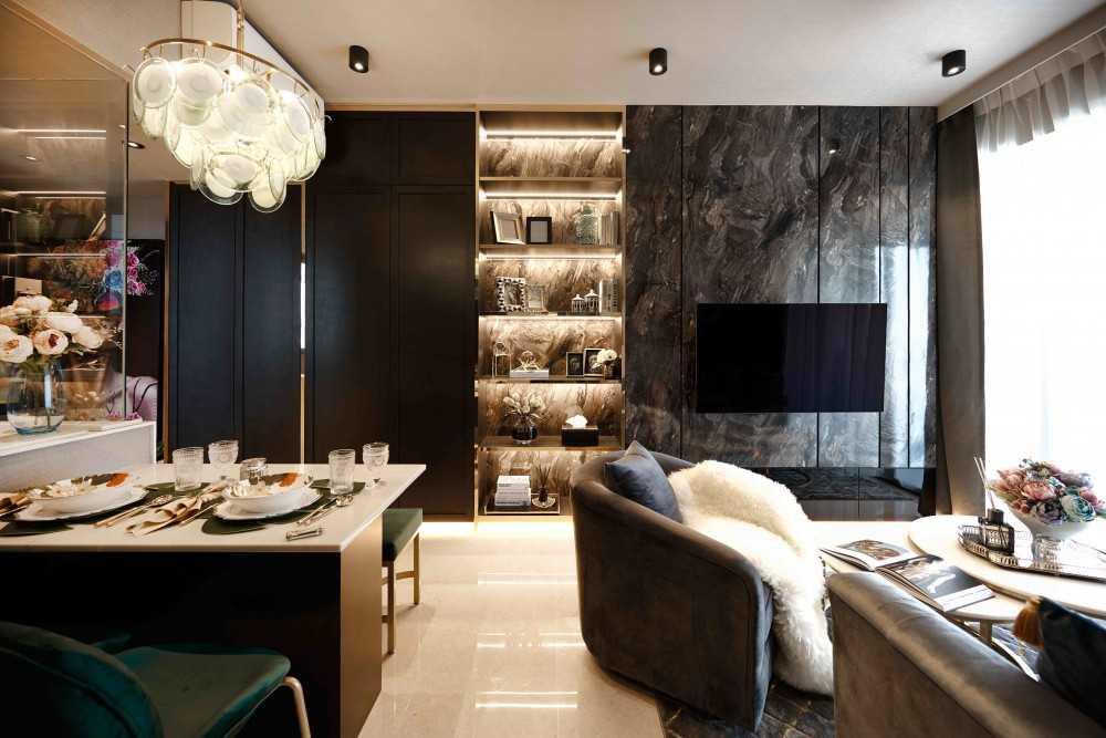 Eclectic Living Room with Feature Wall and Cove Lighting