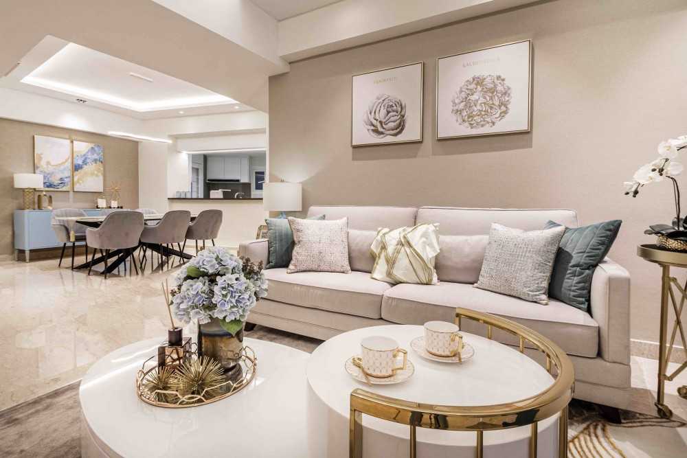 Transitional Living Room with Cove Lighting and Sofa