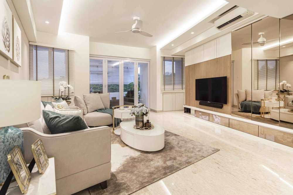 Transitional Living Room with Feature Wall and Mirror