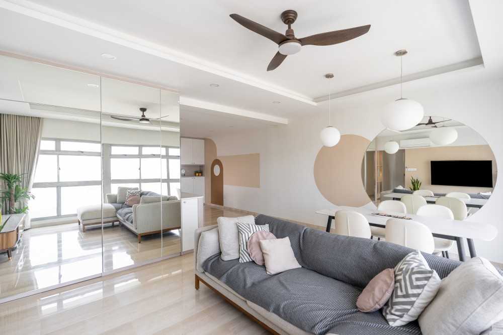 Minimalist Living Room with Vinyl Flooring and Mirror