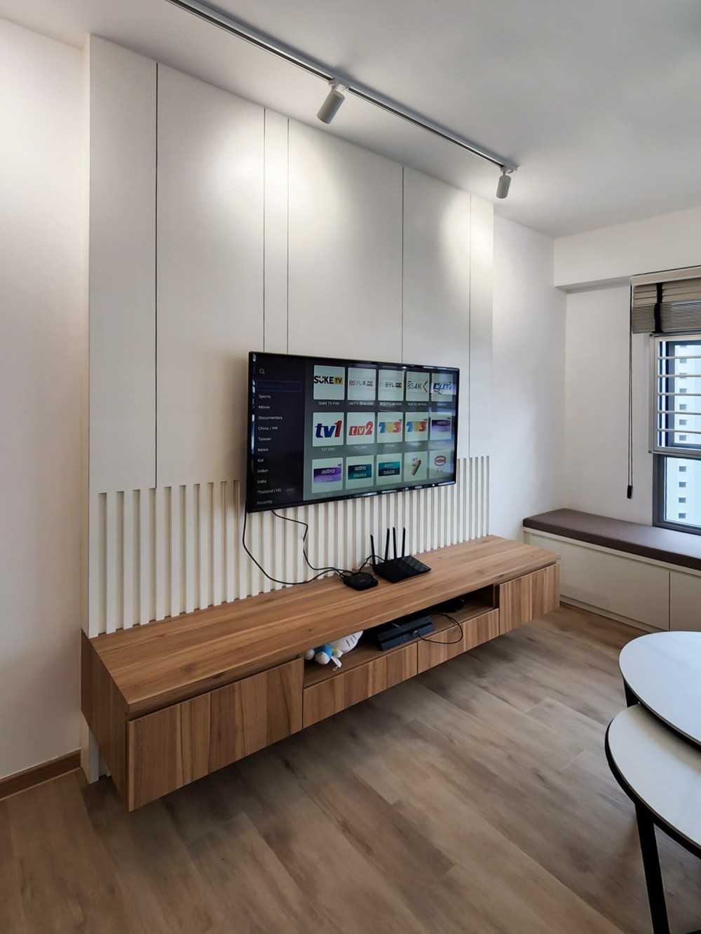 Scandinavian Living Room with TV Console and Feature Wall