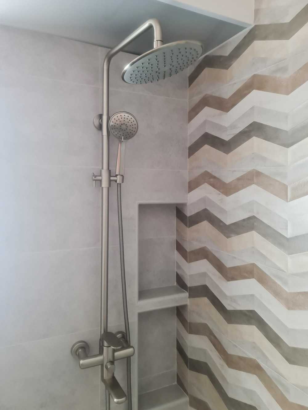 Scandinavian Bathroom with Feature Wall and Bathroom Storage