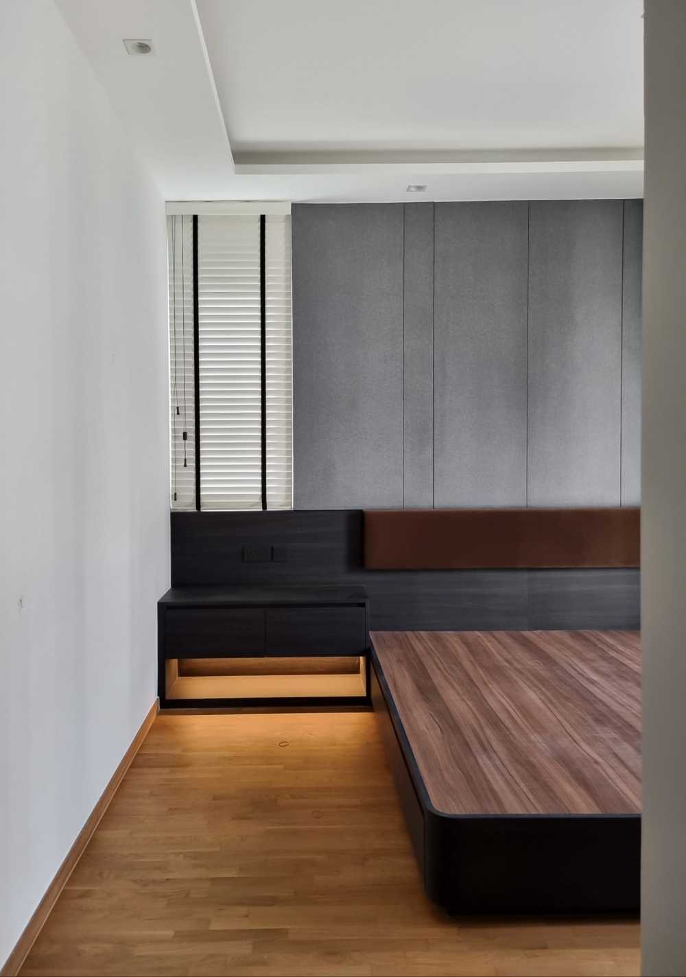 Scandinavian Bedroom with Window Shutters and Bedside Table