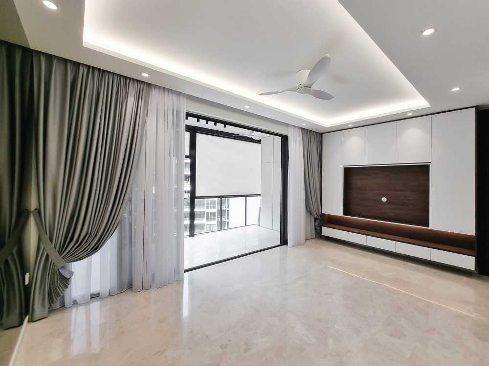Scandinavian Living Room with TV Console and Window Grille