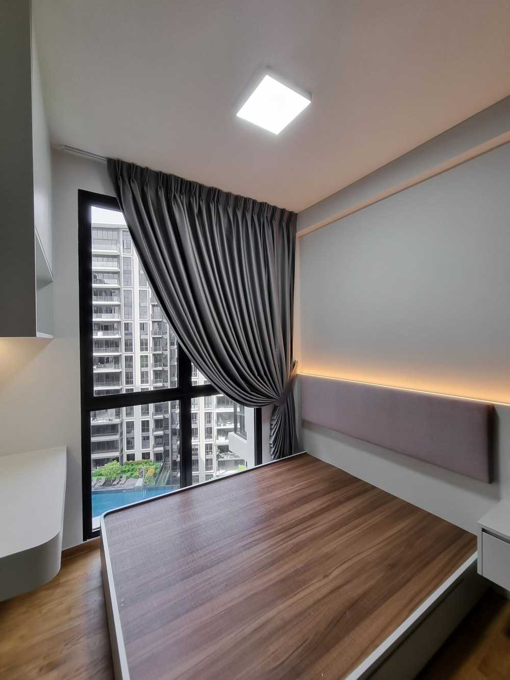 Scandinavian Bedroom with Built-in Bed and Window Grille